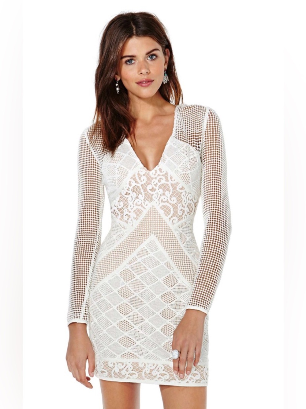 Bless'ed Are the Meek Barbados Ivory Lace Dress Women 12/Med V Neck Long Sleeves